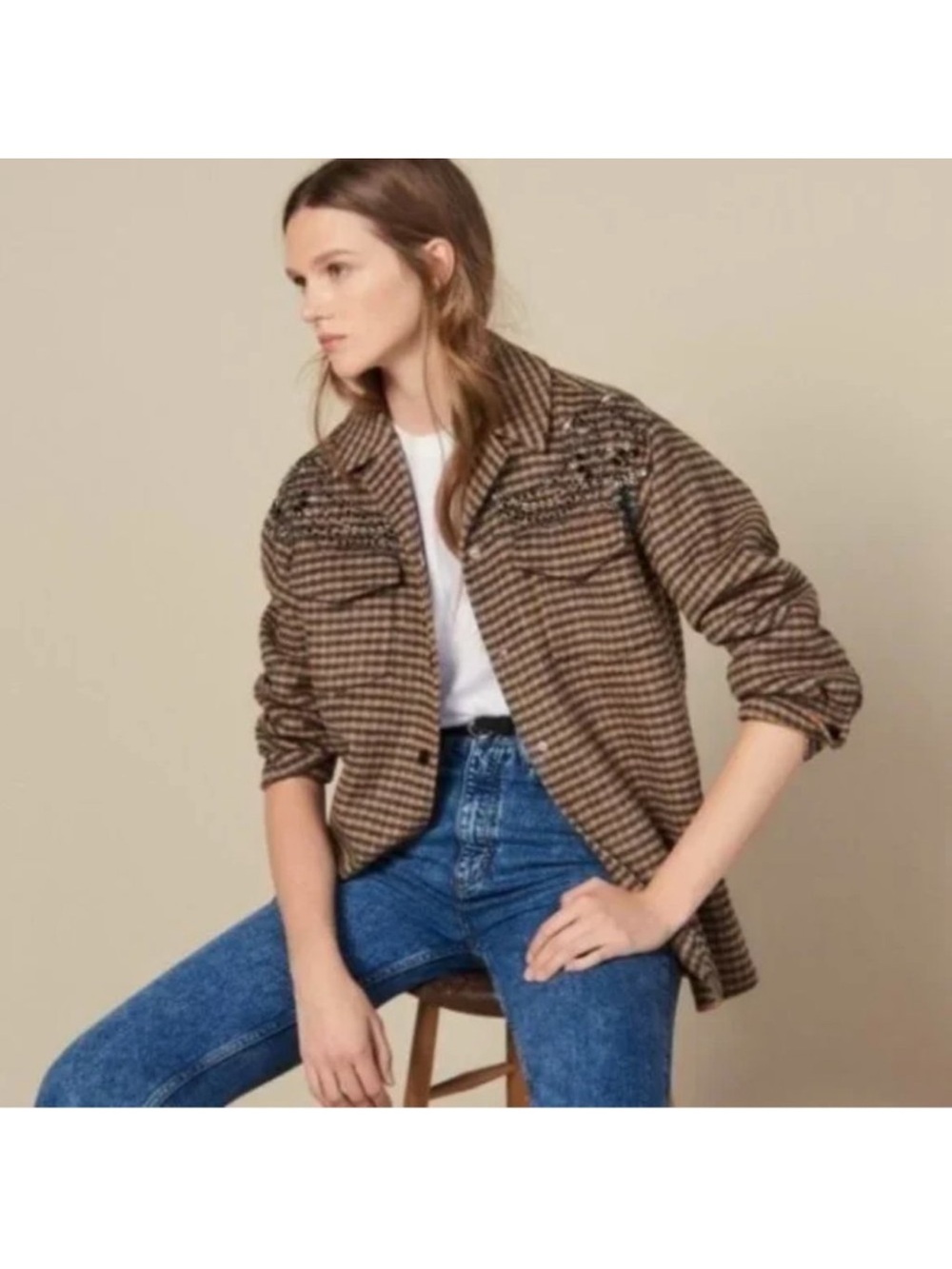 Sandro Paris Embellished Checked Wool-Blend "Brodan" Overshirt Jacket - Picture 2 of 8